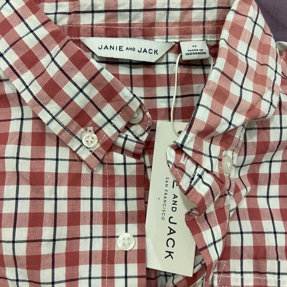 Janie And Jack Boys SZ L 12  Cotton Plaid, Button Up Shirt brand new with tags - Picture 1 of 3